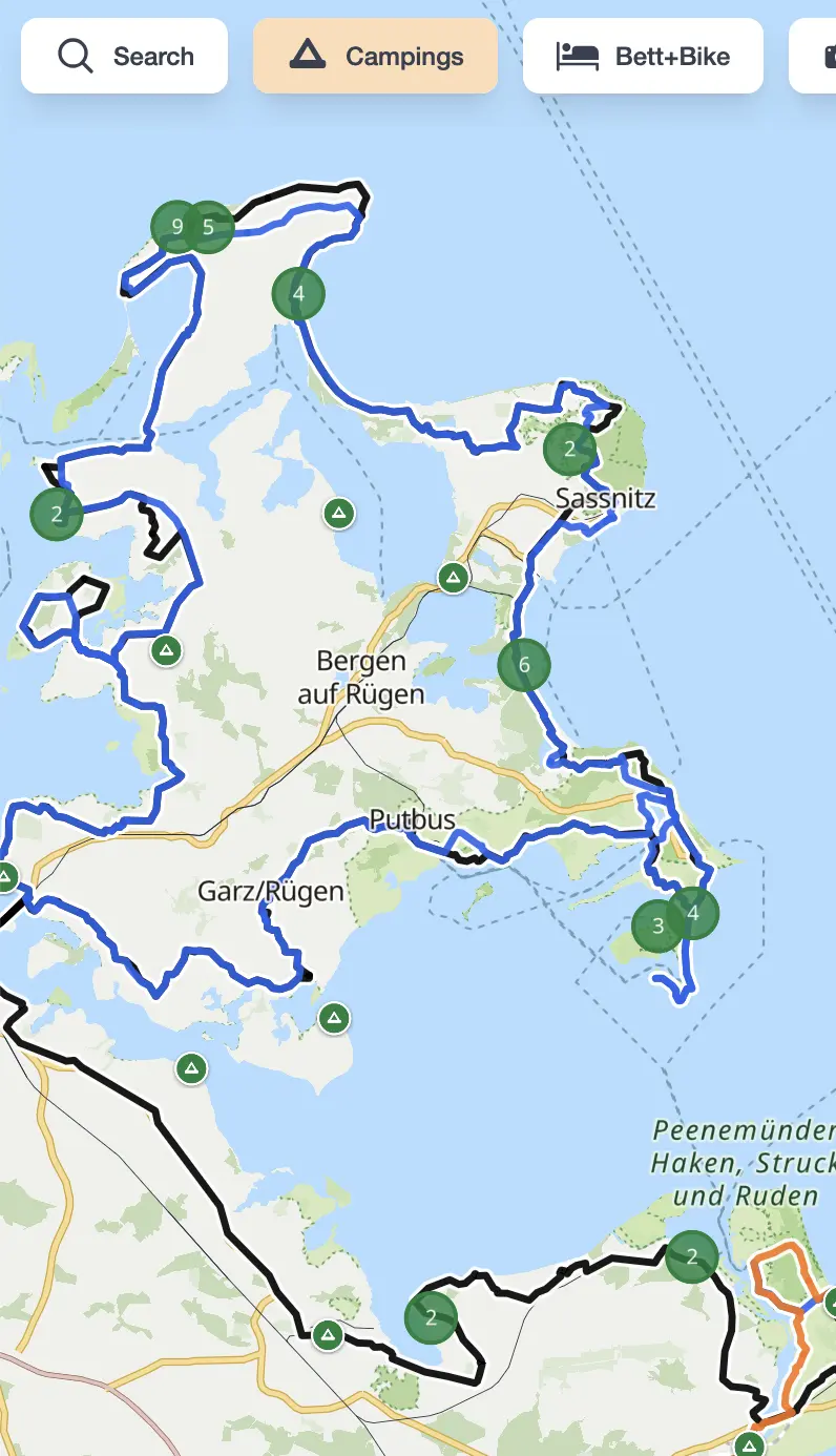 VeloPlanner mobile app showing camping spots and points of interest on a cycling route map