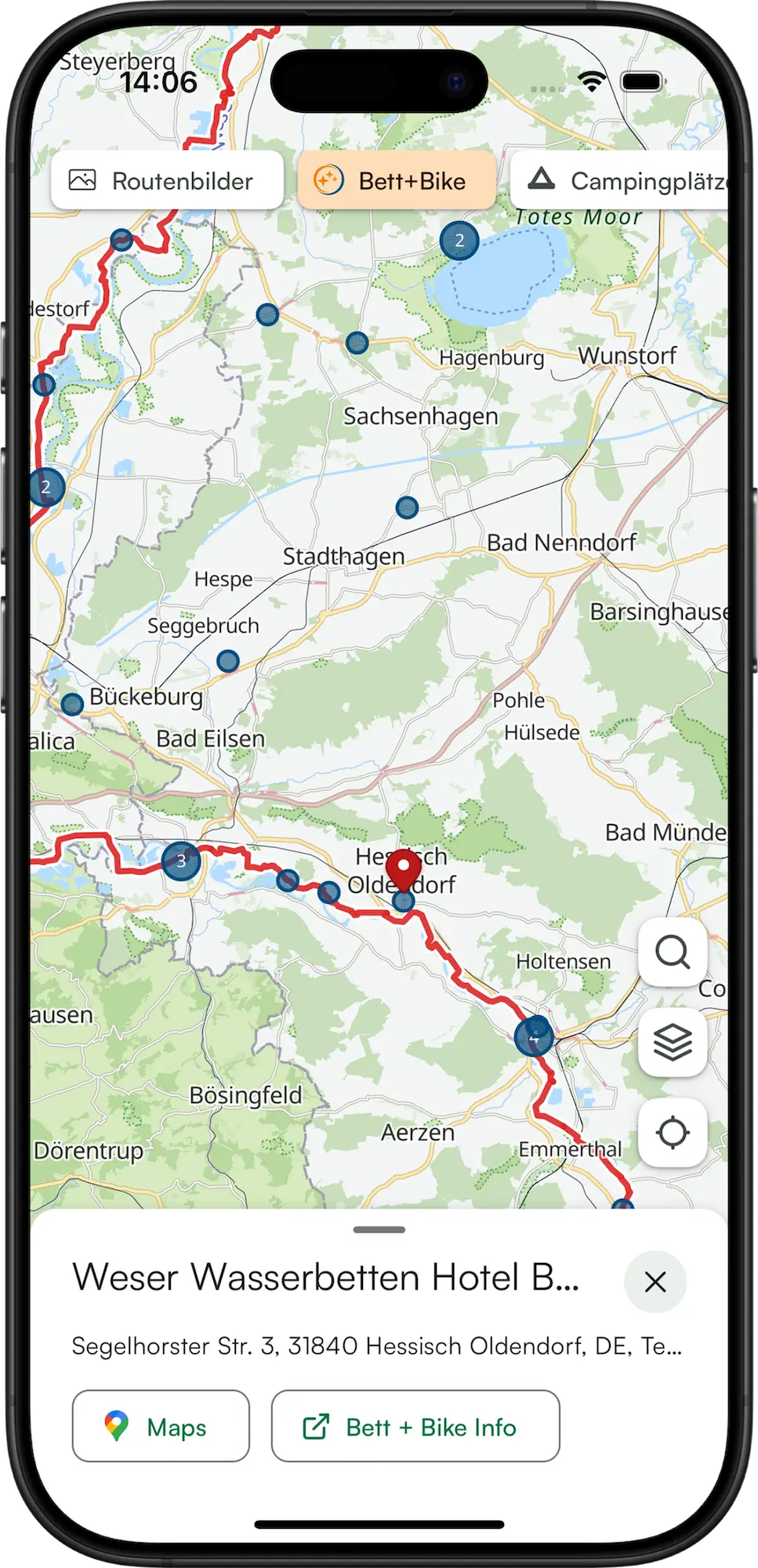 Karte mit Unterkünften und Sehenswürdigkeiten