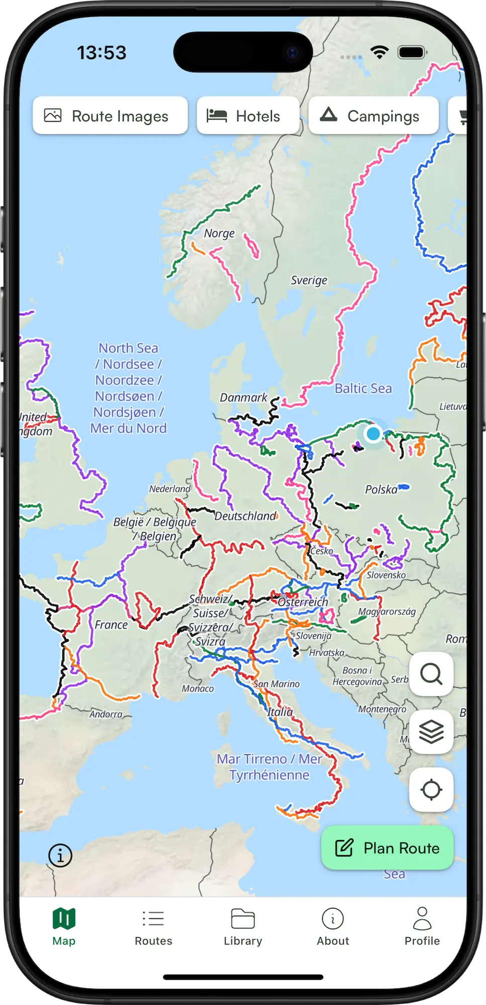 App de VeloPlanner mostrando rutas ciclistas