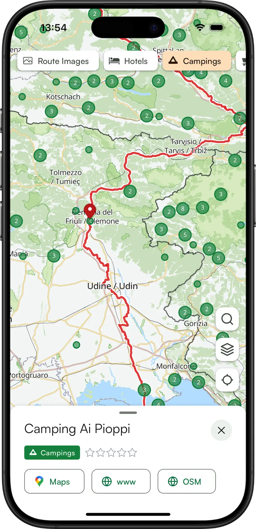 Mapa con alojamientos y puntos de interés